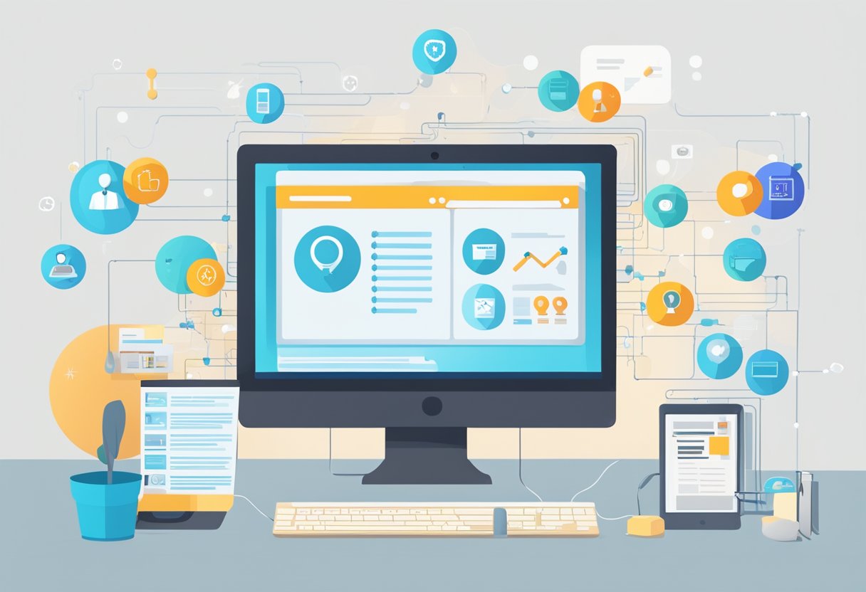 A computer screen displays the Vanetworking platform with a glowing review section. Icons of networking tools and career resources surround the screen