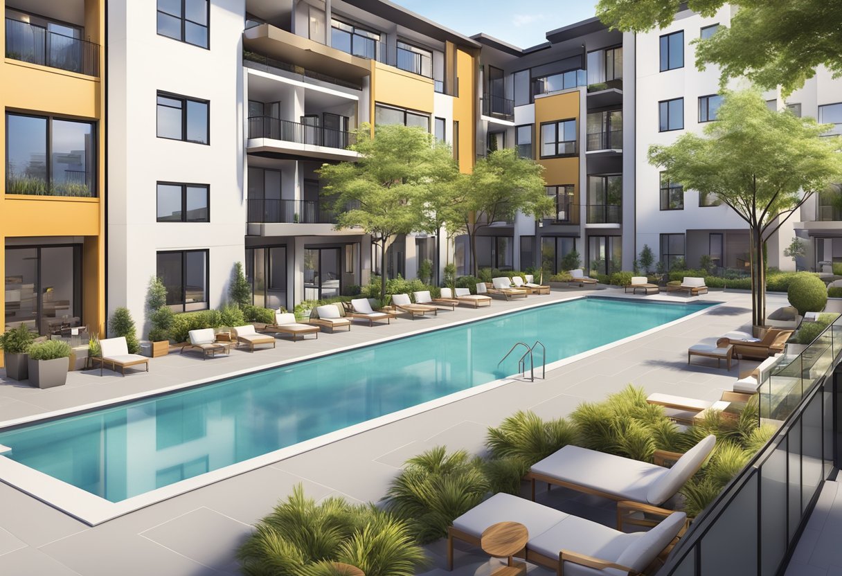 A modern apartment complex with clean lines, lush landscaping, and a sense of community. The buildings are sleek and contemporary, with amenities like a pool and outdoor gathering spaces