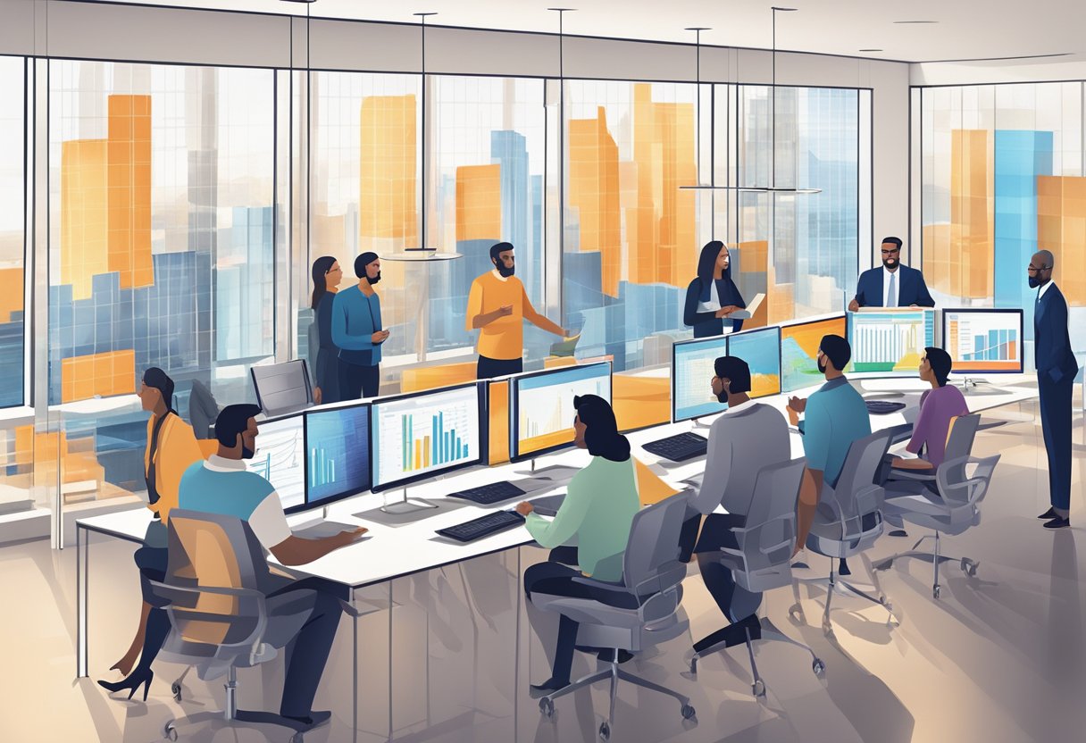 A group of people gather in a modern office setting, discussing investment strategies and networking opportunities for multifamily real estate. Charts and graphs are displayed on a large screen as ideas are exchanged