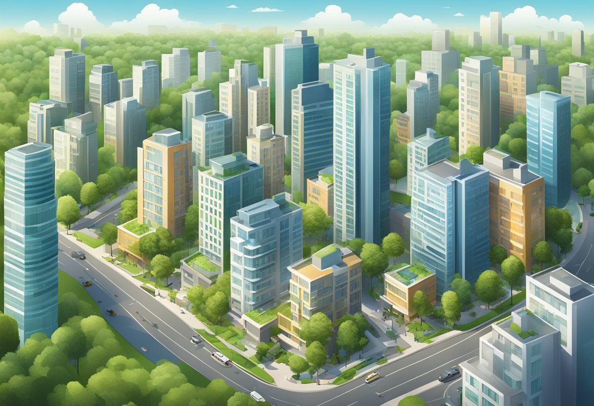 A bustling city skyline with a cluster of modern apartment buildings, surrounded by green spaces and amenities. A sense of community and modern living is evident in the scene