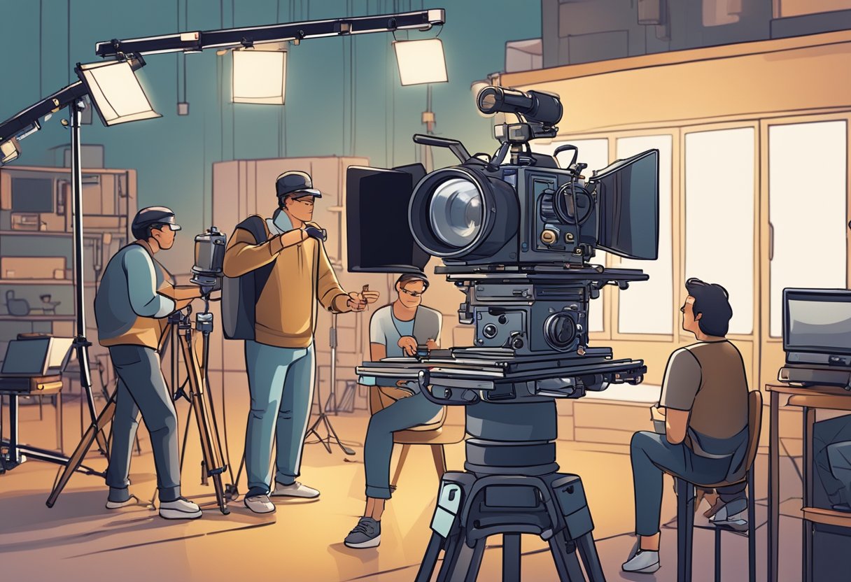 A film camera on a tripod captures a director and crew setting up lights and sound equipment on a film set. The scene is filled with technical filmmaking tools and equipment
