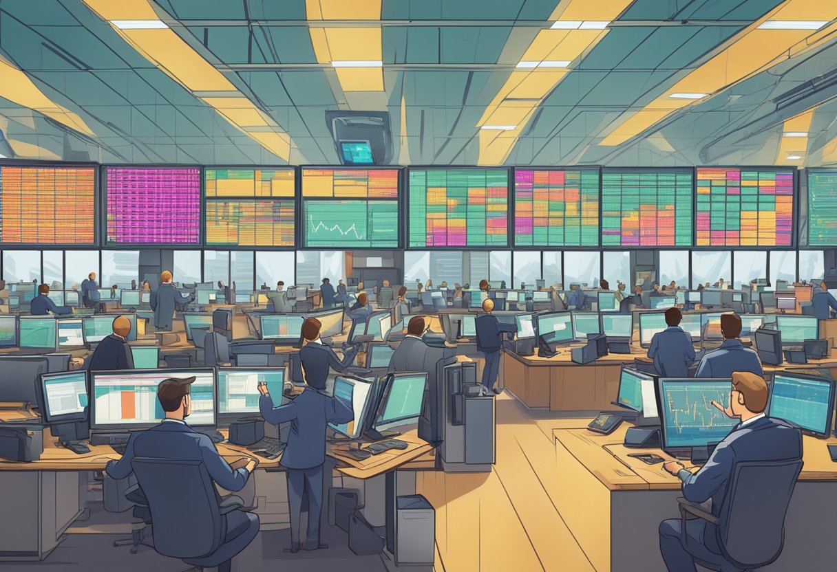 A bustling trading floor with screens displaying stock prices, traders gesturing and shouting, and a sense of urgency in the air