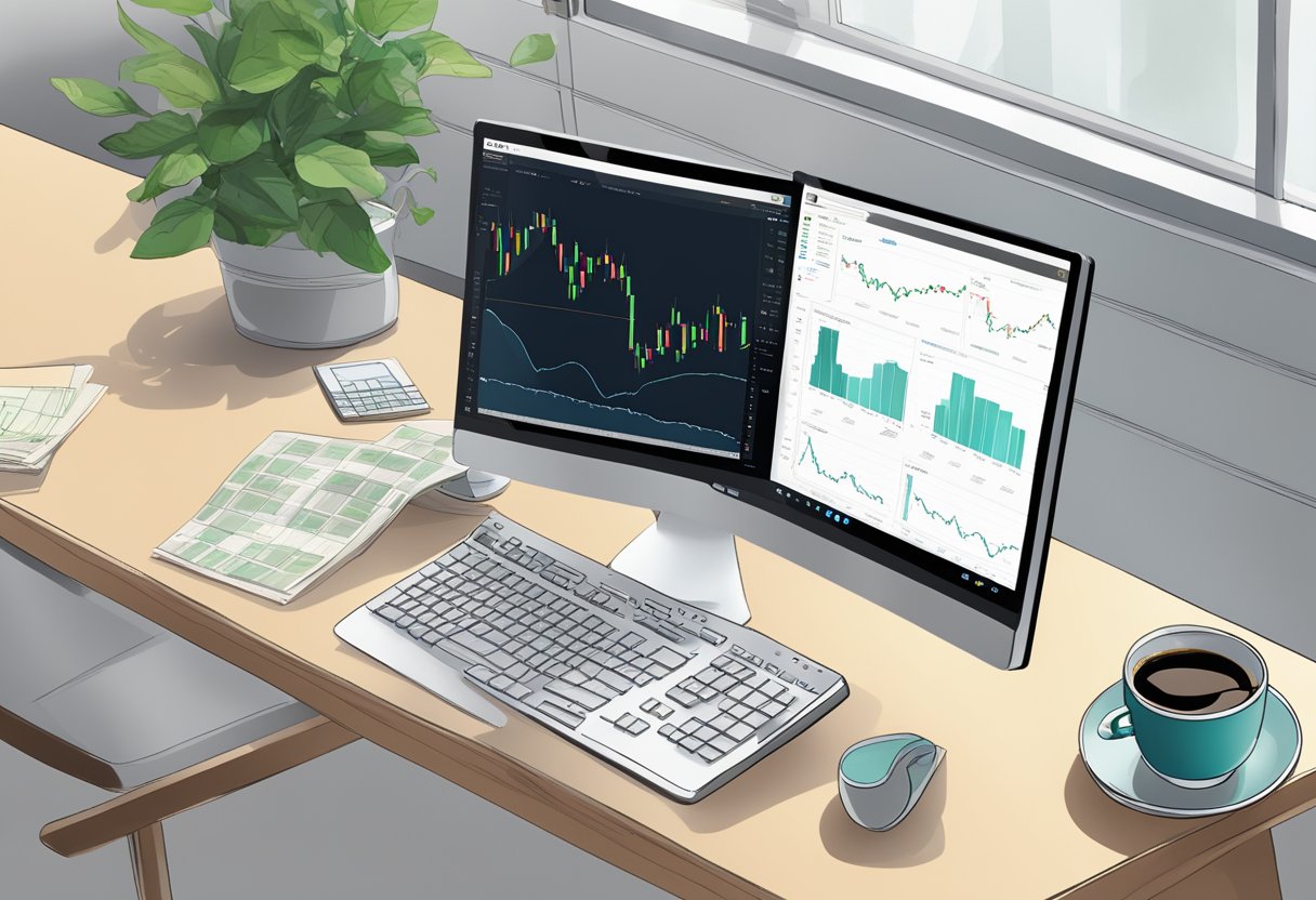 The scene shows a computer screen displaying the WizeTrade website, with various stock charts and financial data visible. A cup of coffee sits on the desk next to the keyboard