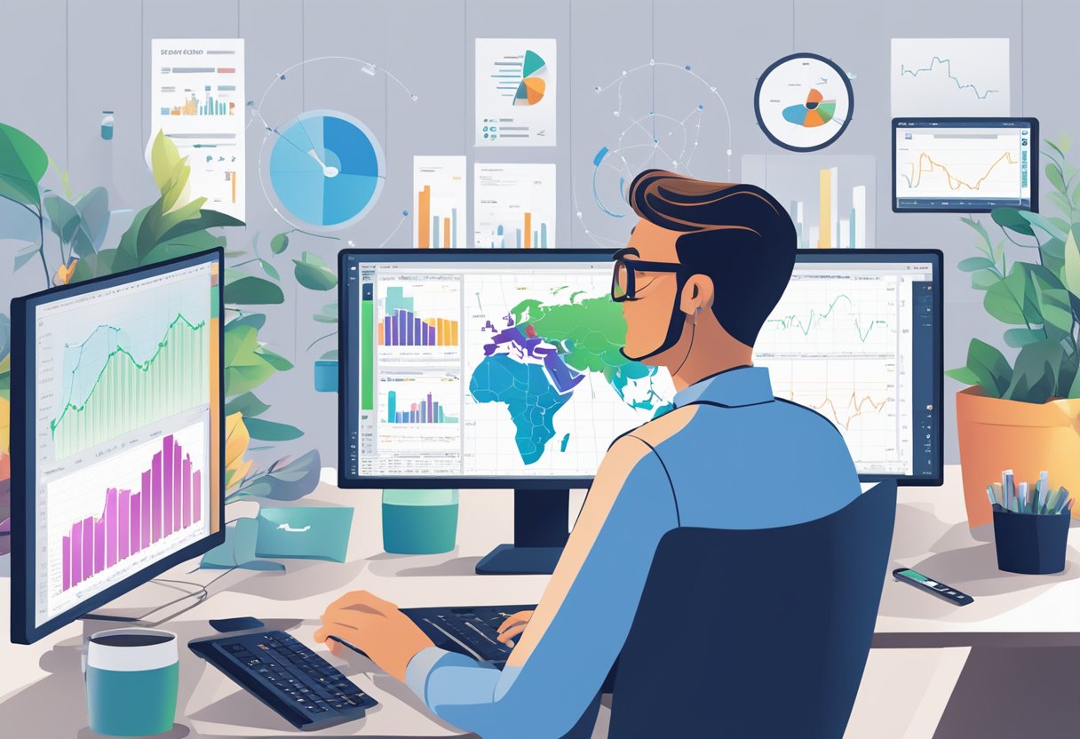 A person analyzing market data on a computer screen with WizeTrade software open, surrounded by charts and graphs