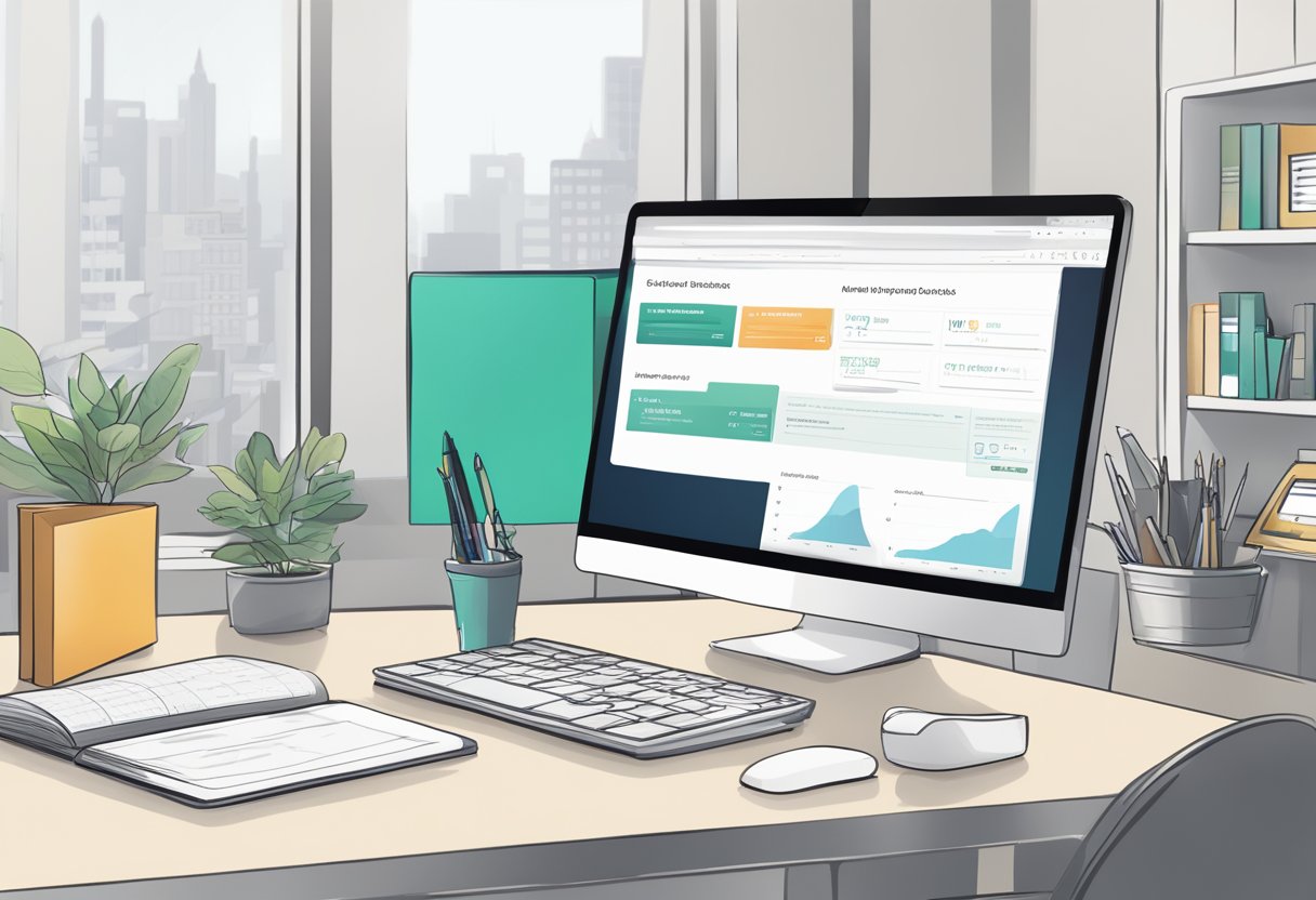 An office desk with a computer screen displaying the WizeTrade website, a notebook, and a pen. A person's hand is clicking on the screen