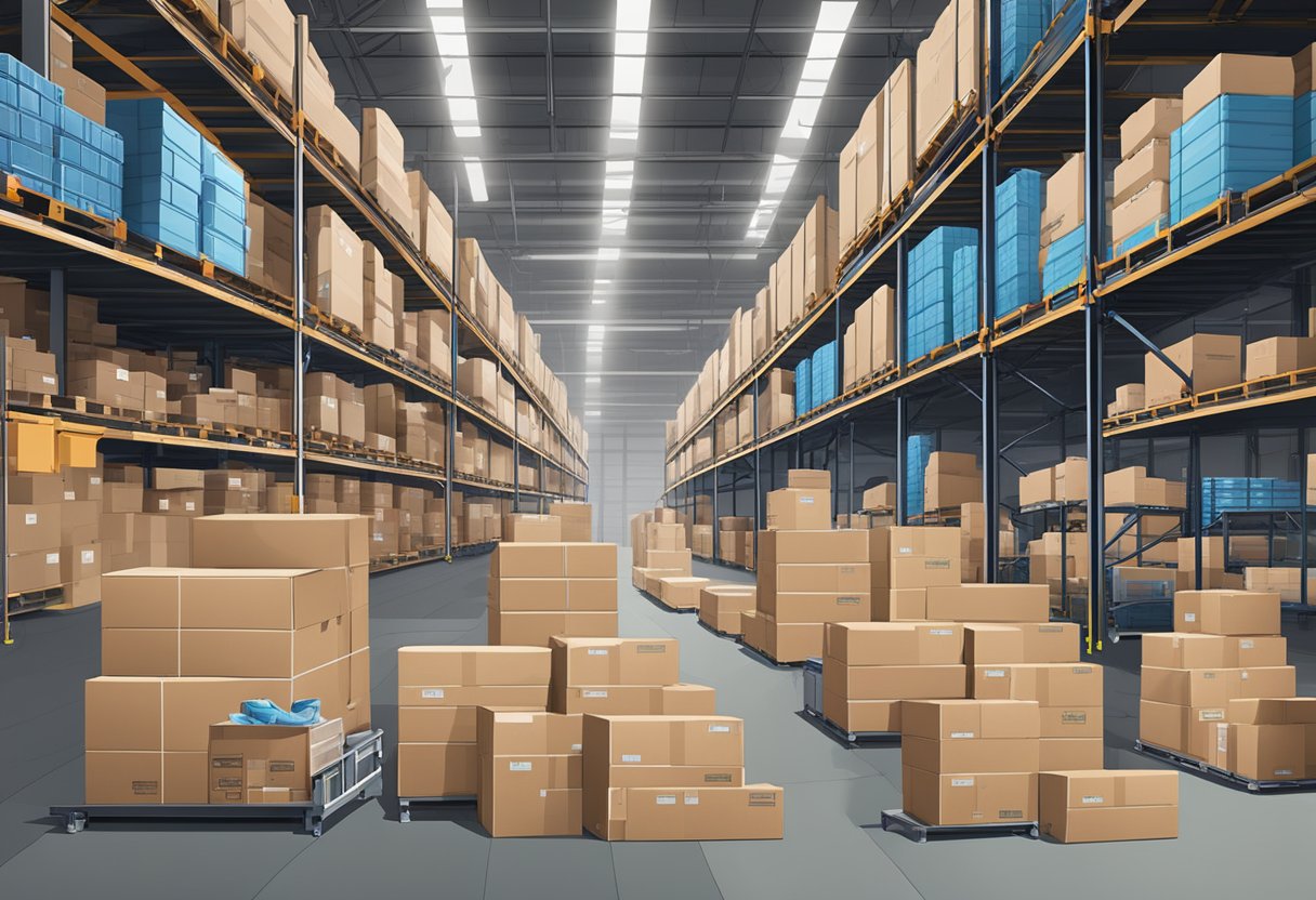A bustling Amazon FBA warehouse with shelves stacked high, boxes being packed and labeled, and a conveyor belt moving products along