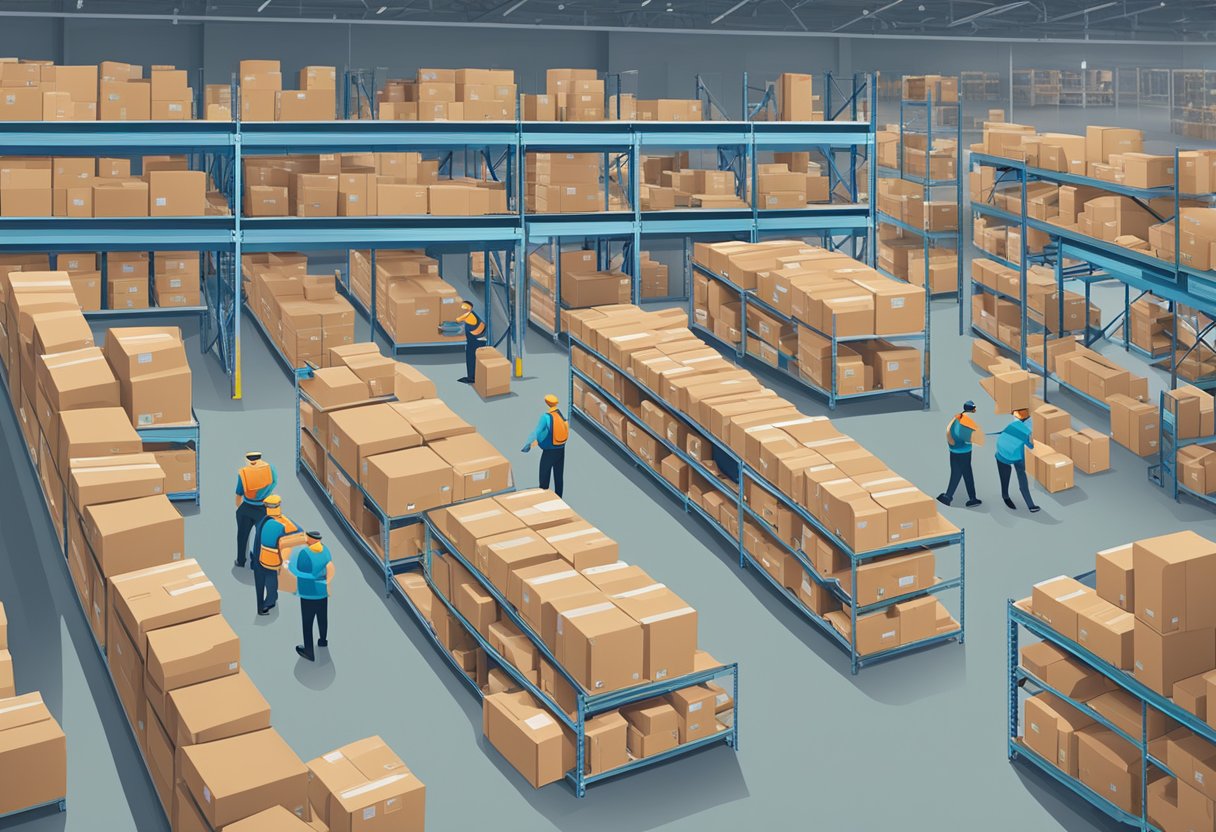 A bustling warehouse filled with neatly organized shelves of Amazon private label products, with workers diligently packing and shipping orders