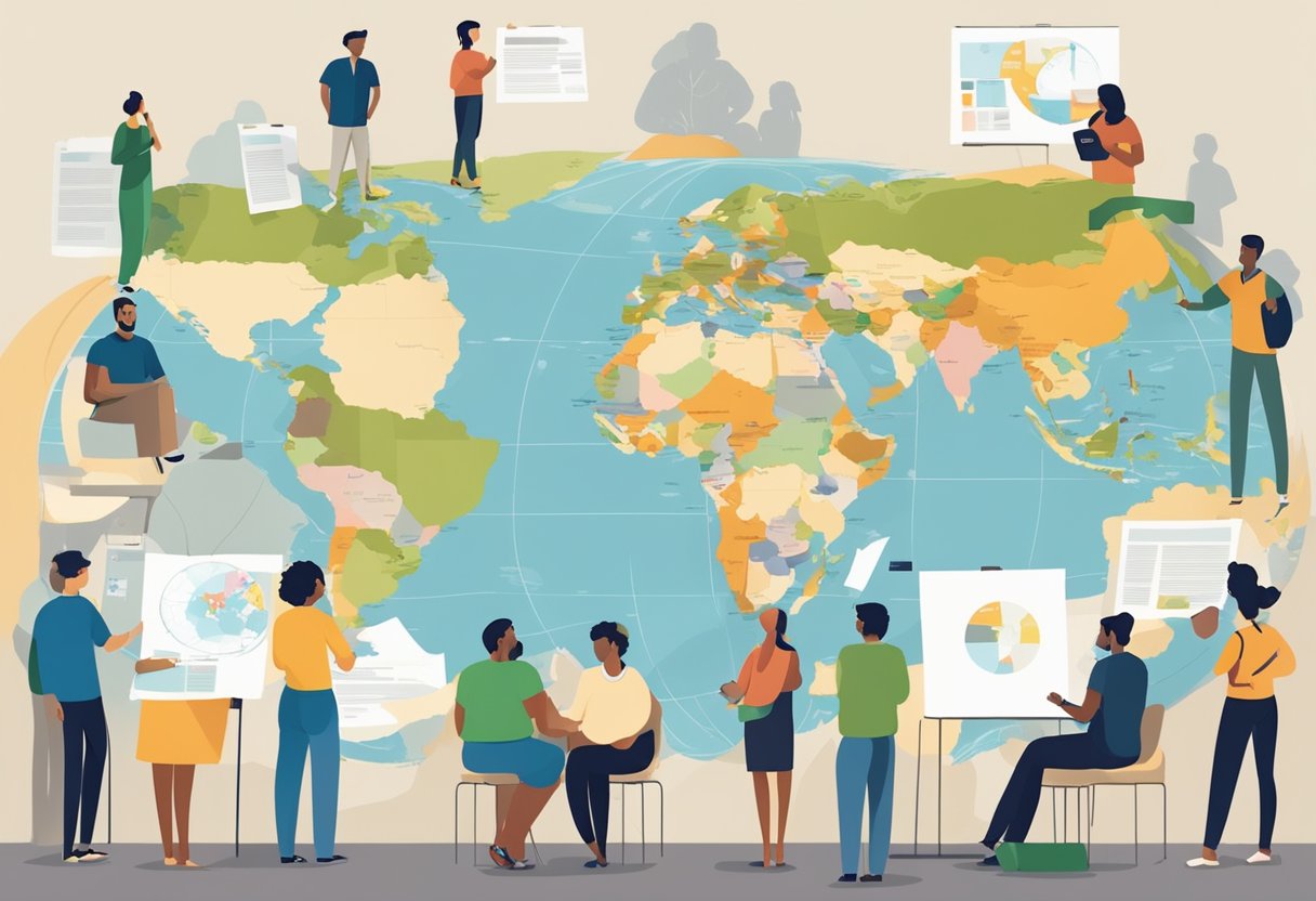 A diverse group of people from around the world gather to share their opinions and experiences, while a world map and survey forms are displayed in the background