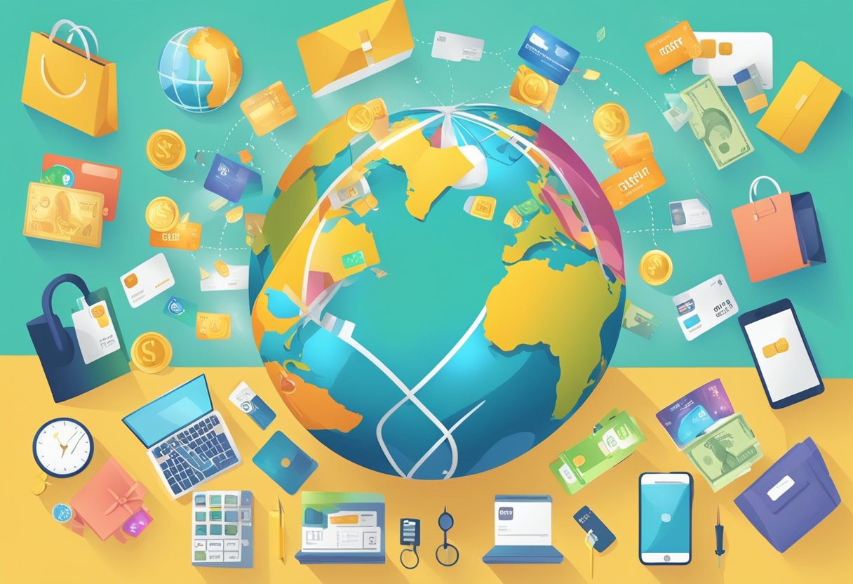 A globe surrounded by various rewards such as gift cards, cash, and products, symbolizing the benefits of participating in Global Test Market surveys