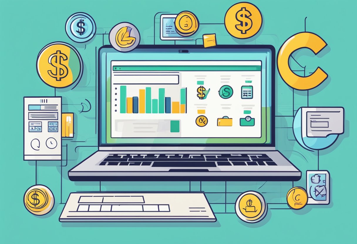 A laptop displaying various payment methods and dollar signs, surrounded by symbols of online work opportunities