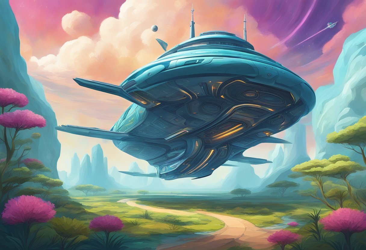A spaceship hovers over a vibrant alien landscape, with swirling clouds and strange flora. The ship's sleek design contrasts with the organic shapes below