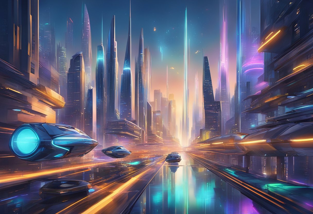 A futuristic cityscape with sleek, towering buildings, illuminated by neon lights. Flying vehicles zoom through the air, leaving streaks of light in their wake. The scene is bustling with energy and technological advancement