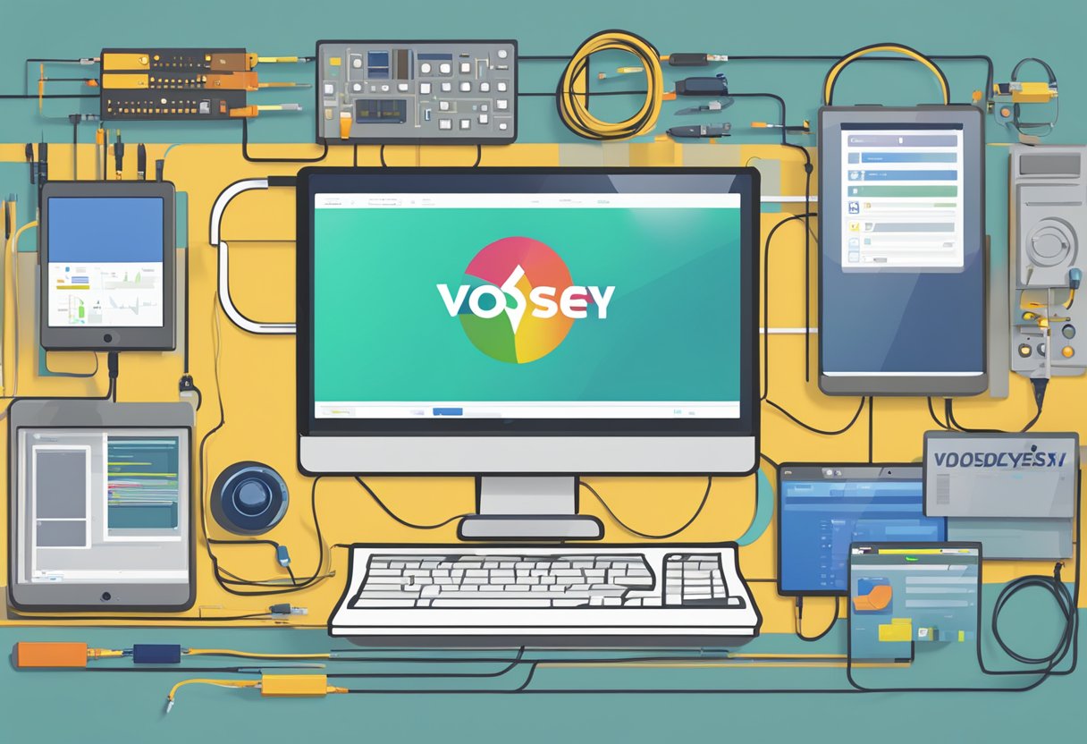 A computer screen displaying the Vodyssey Review logo and program essentials, surrounded by various electronic devices and cables