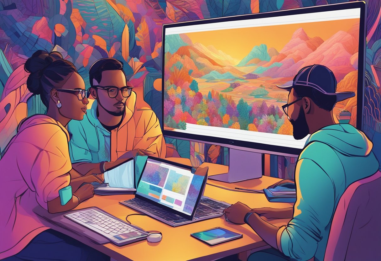 A group of digital artists gather around a large screen, discussing and critiquing various digital designs. Bright colors and intricate patterns fill the room, as they work together to create beautiful and innovative digital artwork