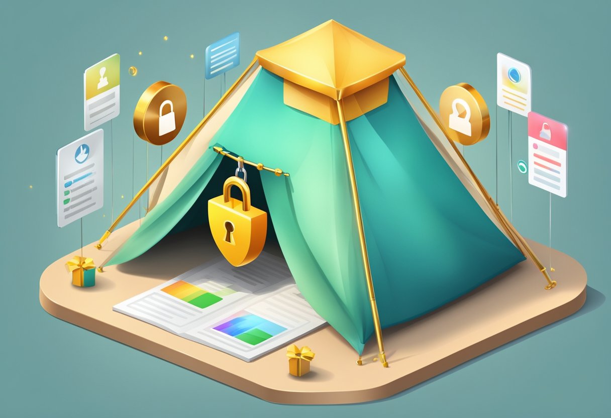 A digital tent with a checkmark symbol and a padlock, surrounded by positive reviews and ratings