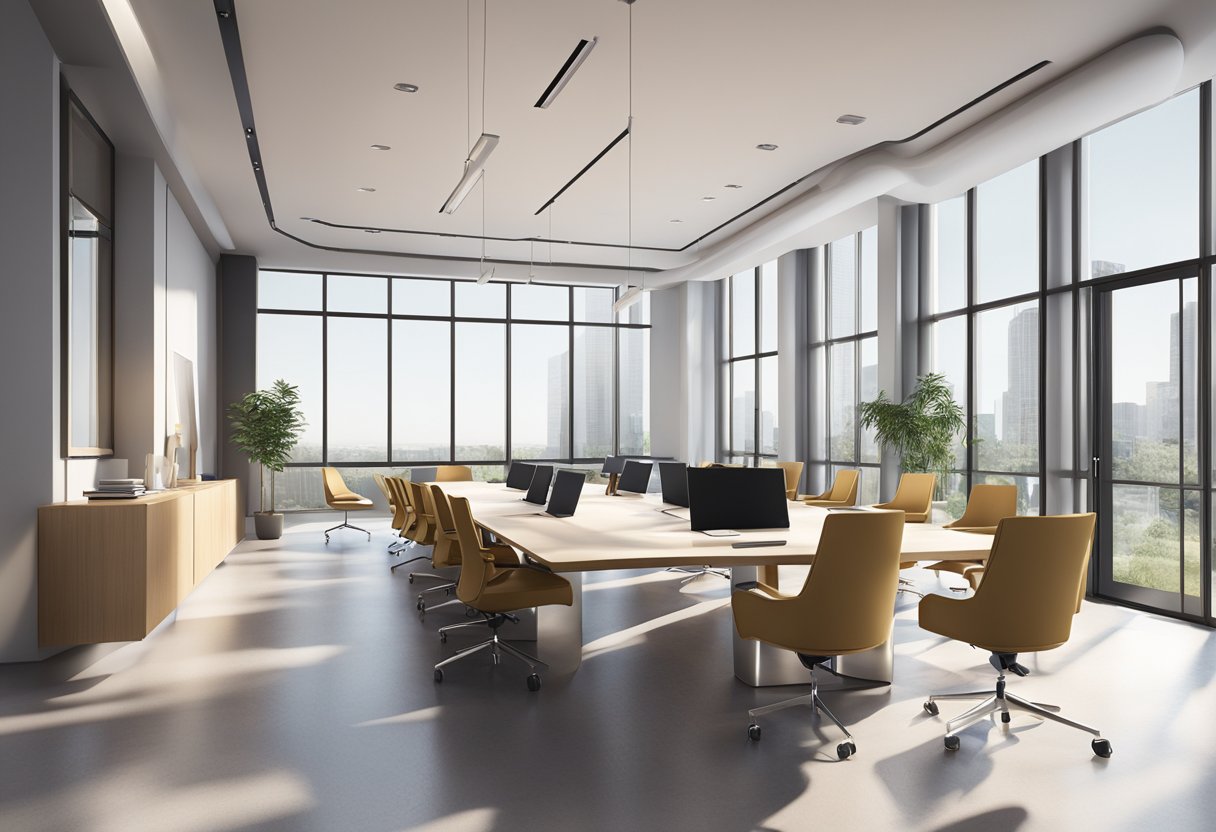A sleek, modern office space with minimalist decor and high-end furniture. A large, polished conference table is the focal point, surrounded by ergonomic chairs. The room is flooded with natural light from floor-to-ceiling windows