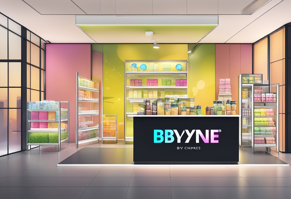 A table displaying various Bydzyne products and services, with sleek packaging and modern branding. Bright lighting illuminates the display, creating a professional and inviting atmosphere