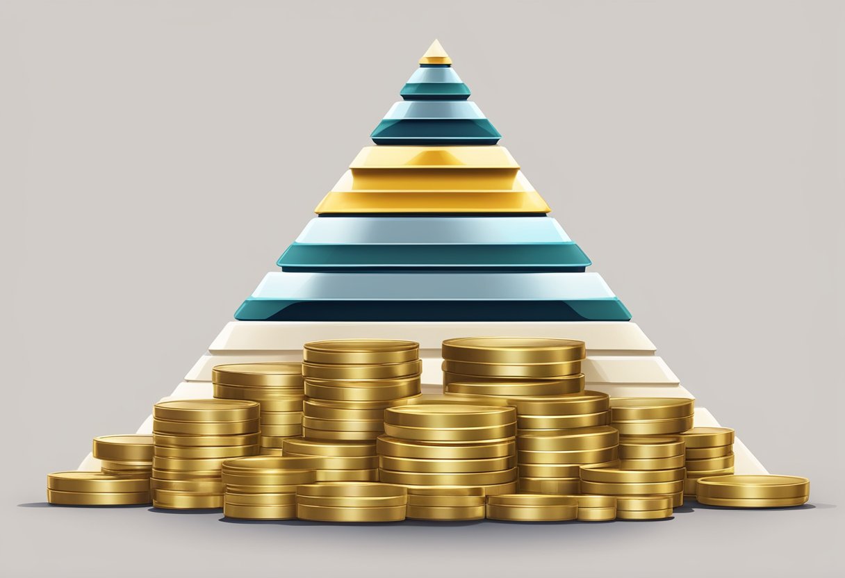 A pyramid of stacked coins with various levels and sizes, representing ByDzyne's compensation structure