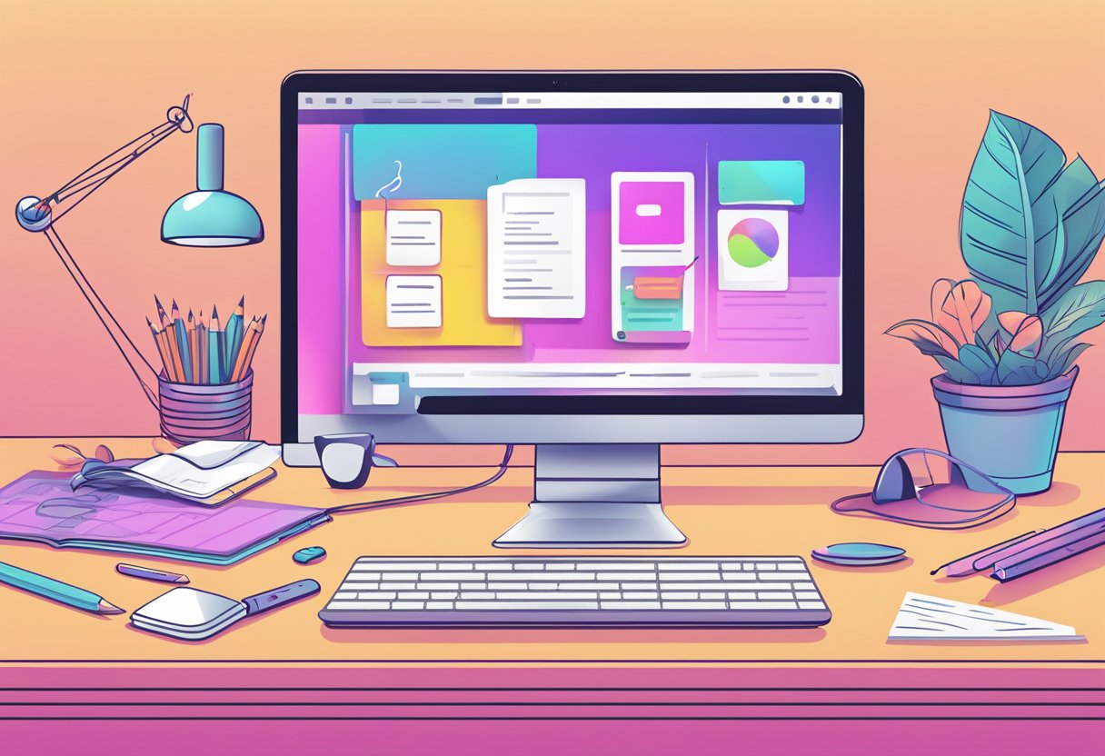 A computer screen displaying the Dribbble platform with various design projects, a mouse clicking on a vibrant illustration, and a pencil sketching ideas on a notepad