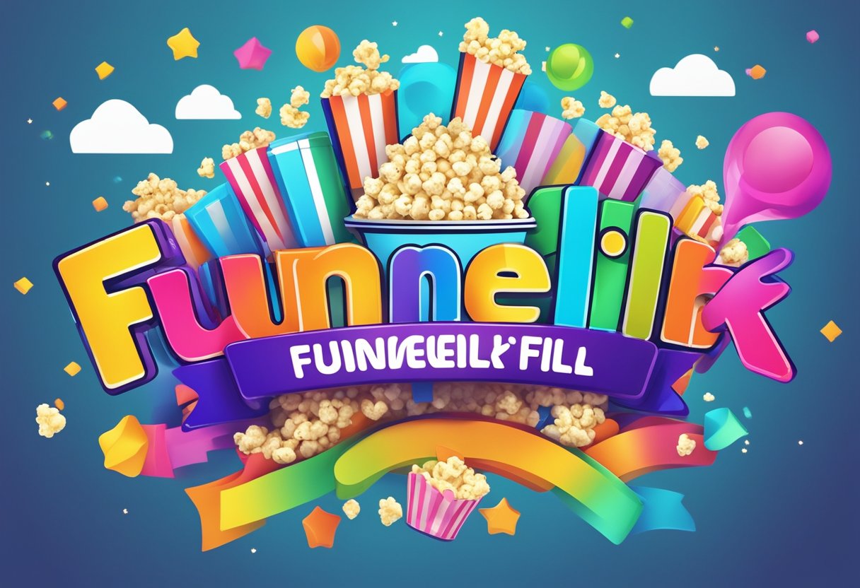 A colorful funnel-shaped logo with the word "Funnelflix" in bold letters, surrounded by streaming video icons and popcorn, against a vibrant background