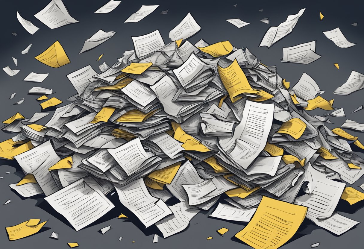 A pile of crumpled job rejection letters surrounded by a dark, ominous shadow
