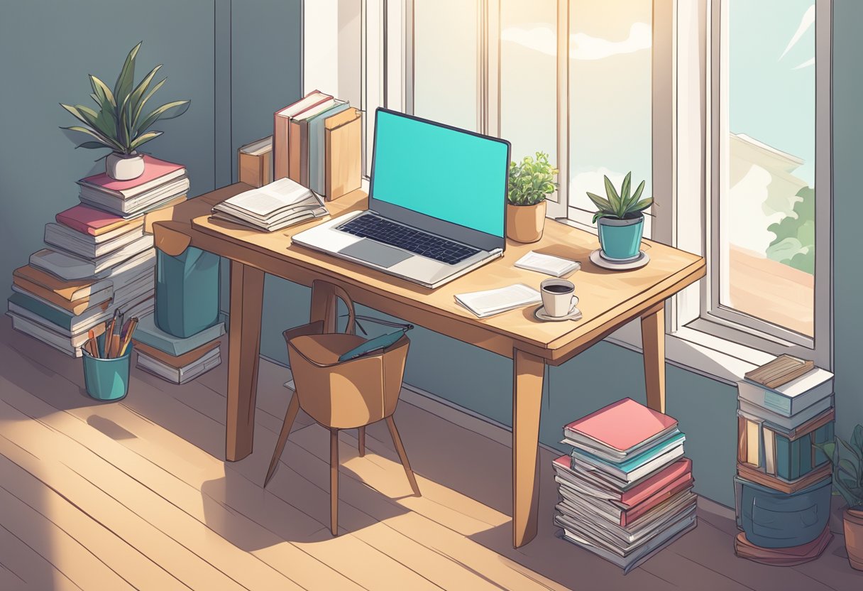 A desk with a laptop, notebook, and pen. A stack of books on the side. A motivational poster on the wall. Bright, natural lighting