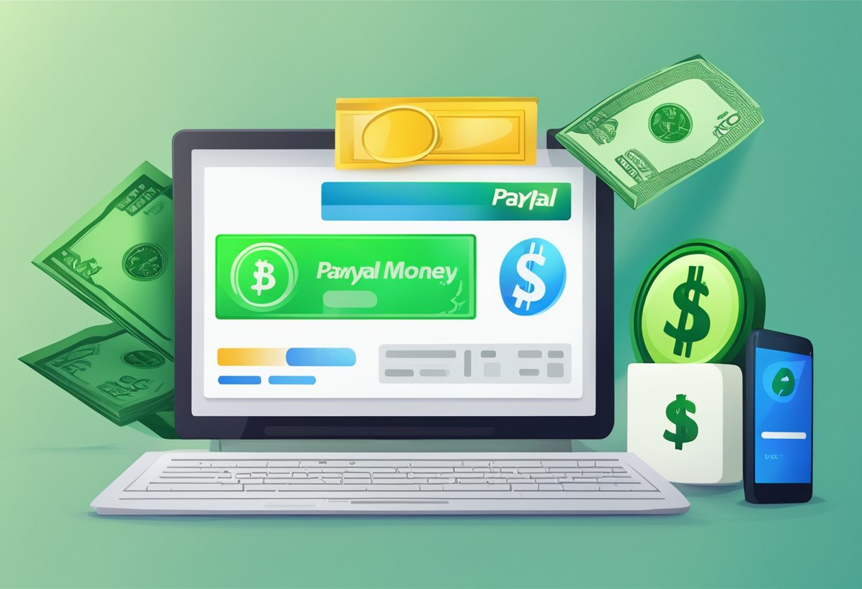 A computer screen displaying a PayPal Money Adder software interface with a green "Add Money" button and a balance increasing in real-time