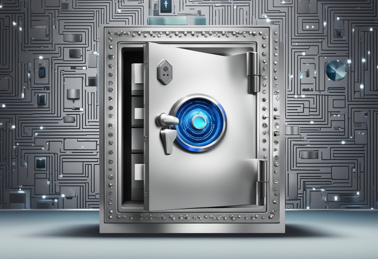 A locked safe with a shield around it, surrounded by digital security symbols and a shielded lock icon