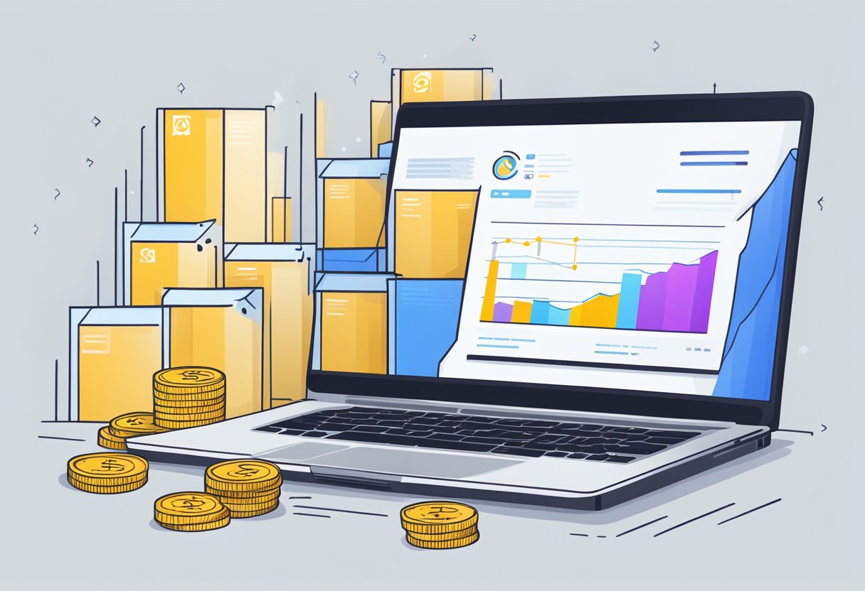 A laptop displaying the Commission Hero website with a glowing testimonial section, surrounded by stacks of money and a chart showing increasing profits