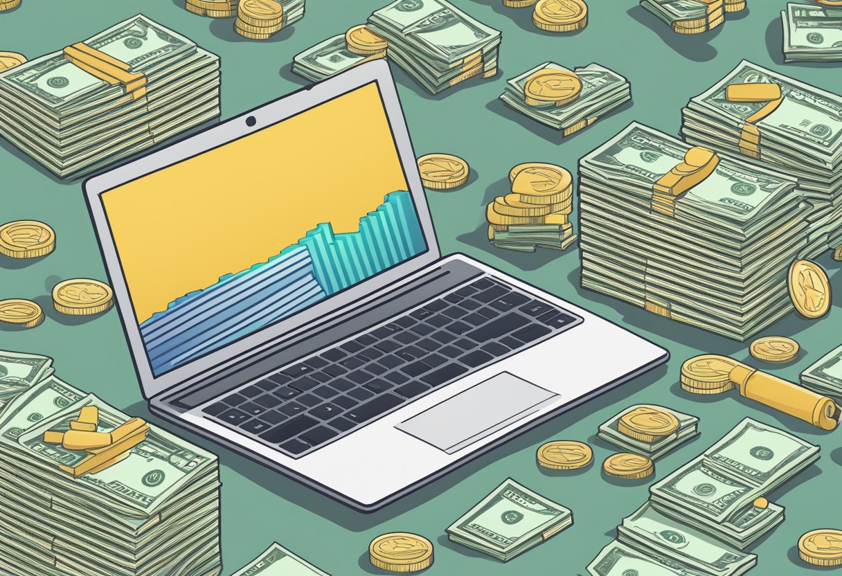 A laptop displaying a graph of increasing affiliate sales, surrounded by stacks of dollar bills and a calculator