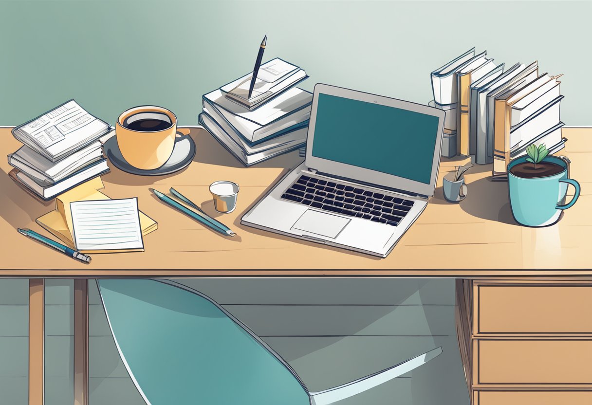 A desk with a laptop, notebook, and pen. A stack of books on the side. A chart of earnings and a mug of coffee