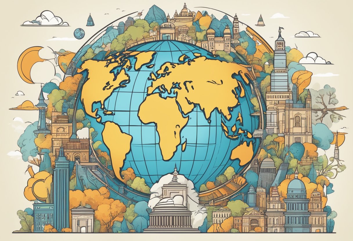 A globe surrounded by diverse symbols and landmarks, representing global opinions