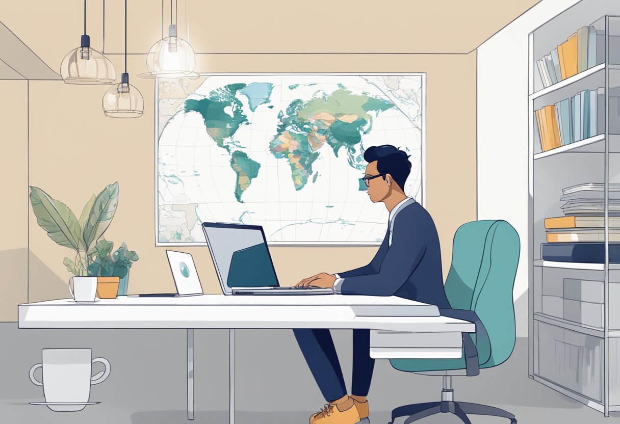 A person sitting at a desk, typing on a computer with a thoughtful expression. A survey form and a cup of coffee are on the desk. A world map hangs on the wall