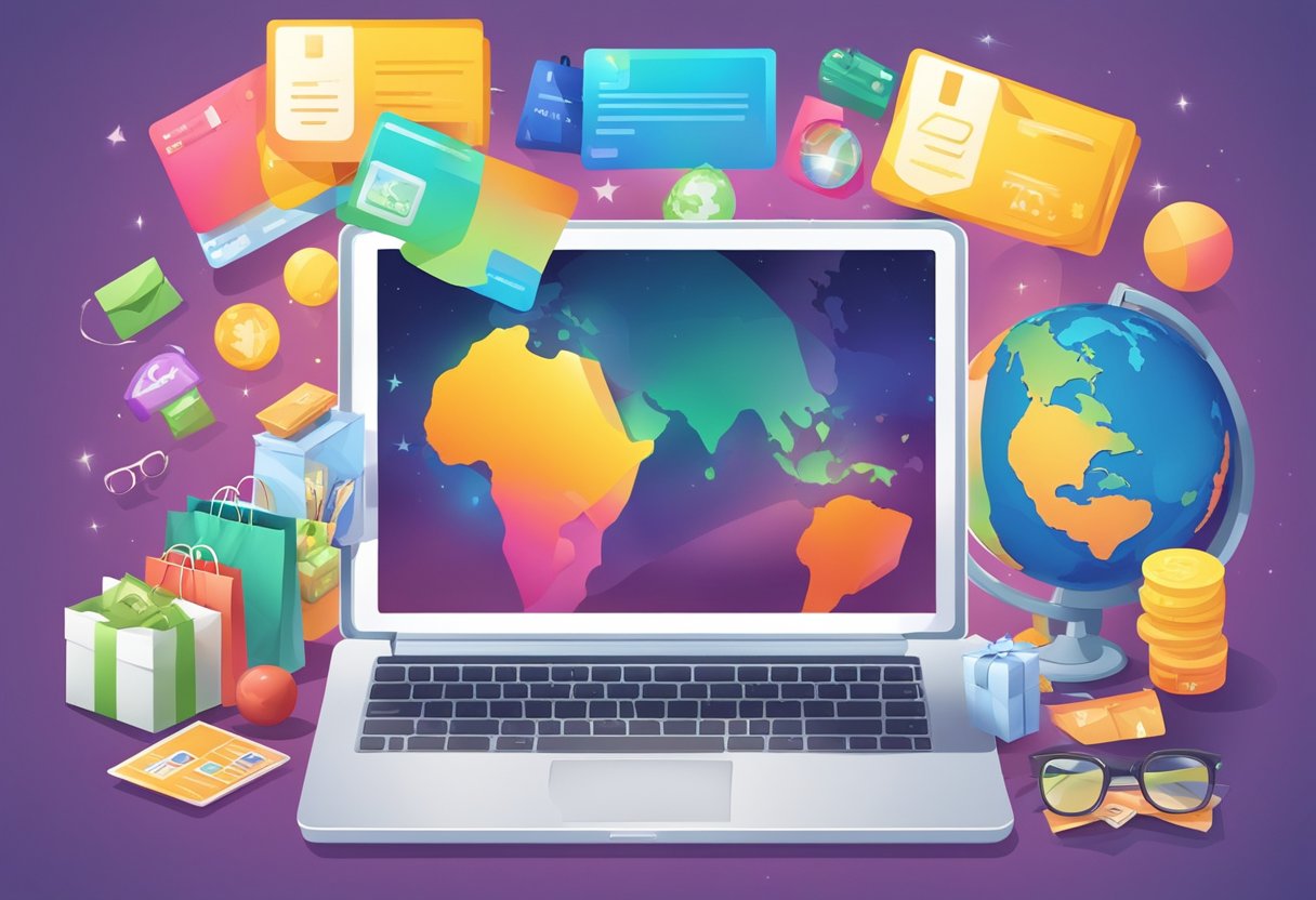 A colorful rewards card surrounded by various items like a laptop, shopping bags, and a globe, symbolizing earning and redeeming points with Opinion World