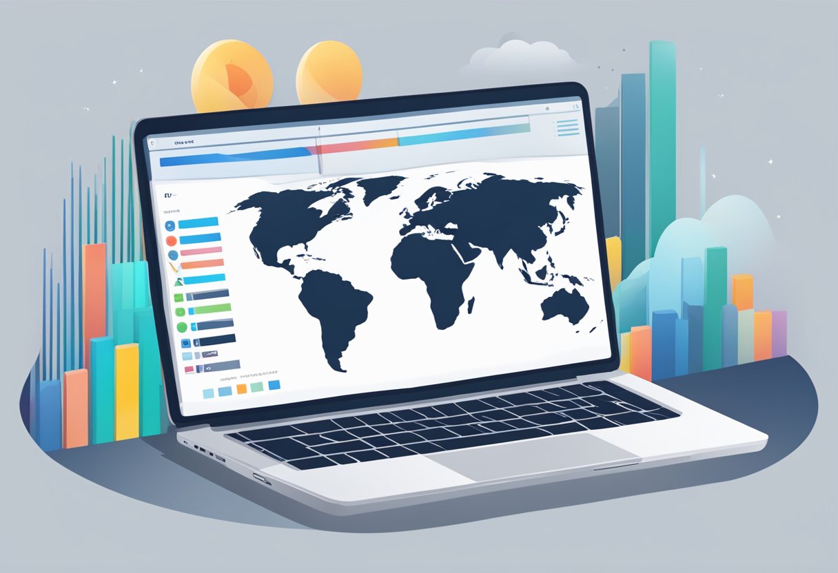 A laptop displaying a graph of user experience ratings with a globe in the background