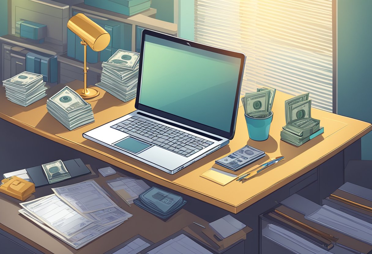 A luxurious office desk with a laptop, financial reports, and a prestigious award plaque. A stack of money and a calculator sit nearby