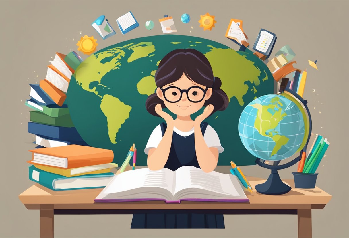 A young girl studying with books and a globe, surrounded by educational materials and a chalkboard