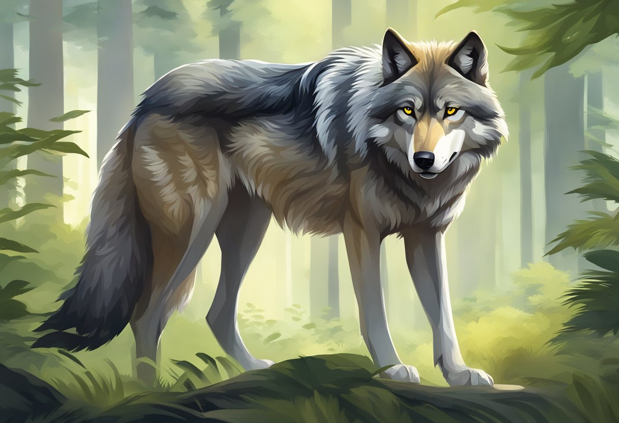 A wolf stands proudly in a forest clearing, surrounded by lush greenery. Its piercing eyes and sleek fur exude confidence and power