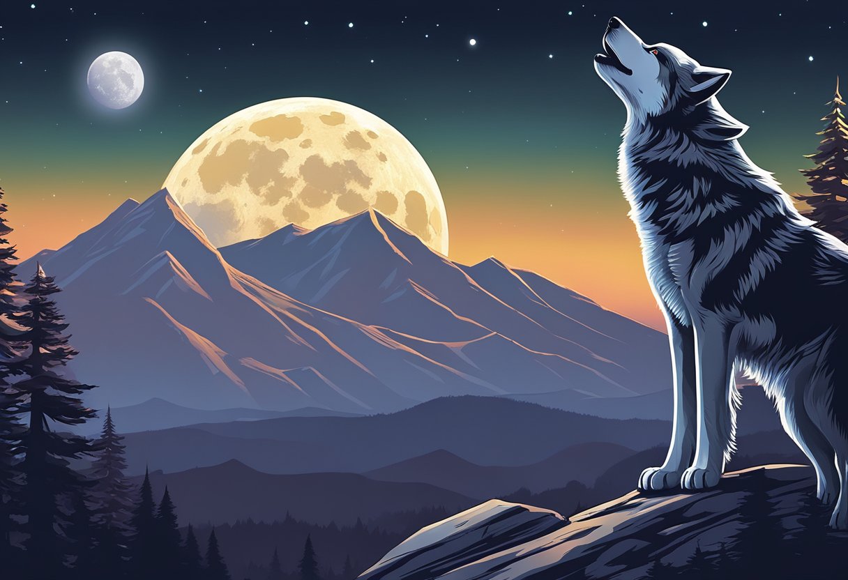 A lone wolf stands atop a mountain, howling at the moon as the night sky is illuminated by the glow of the e-commerce world below