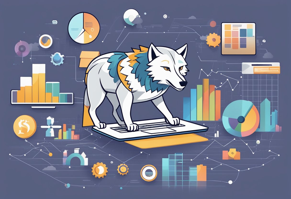 A wolf prowls through a digital marketplace, surrounded by successful ecommerce strategies. Graphs and charts illustrate its path to victory