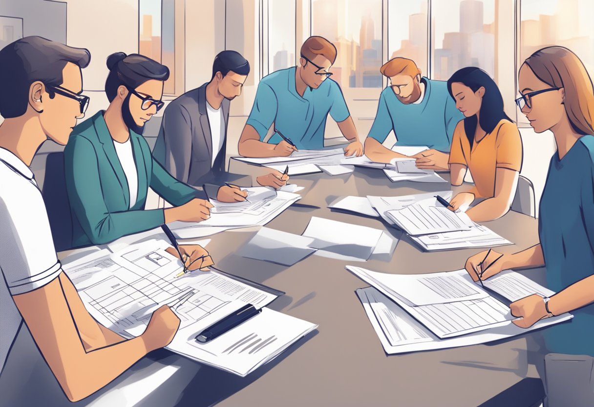 A group of people filling out Nielsen survey forms at a table in a brightly lit room with clipboards and pens scattered around