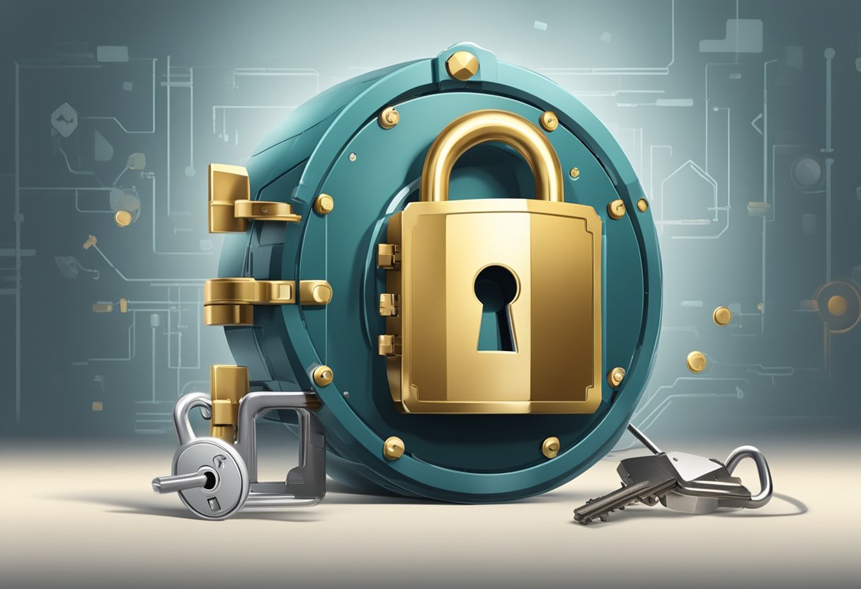 A secure vault with a lock and key surrounded by a shield with a padlock, representing privacy and data security for a Nielsen survey review