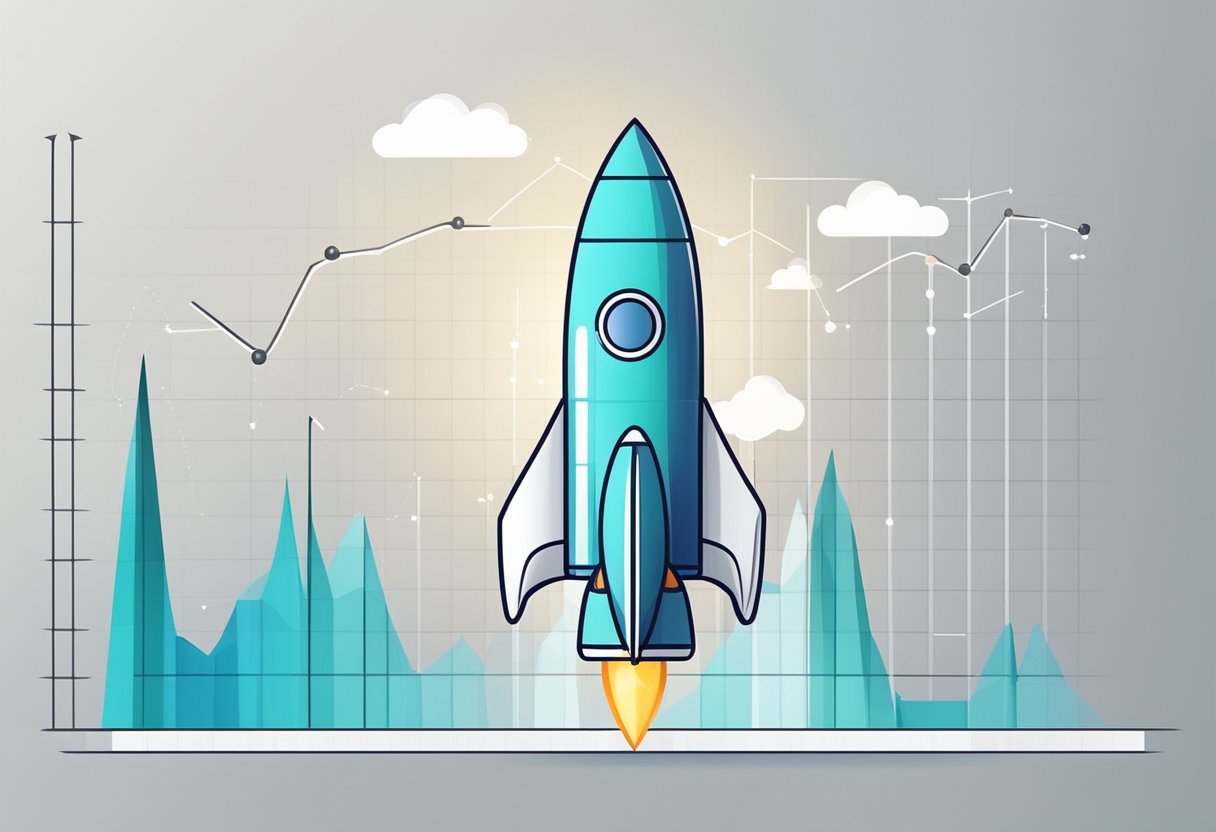 A rocket graph trend soaring upwards on a grid, with positive performance indicators