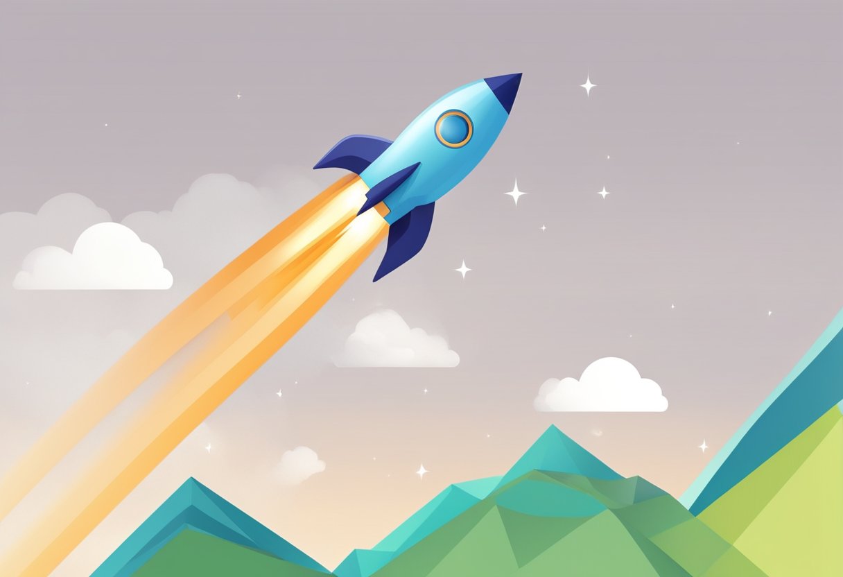 A rocket soaring upwards with a trend graph in the background. The rocket symbolizes the success of e-commerce, while the graph represents the upward trend