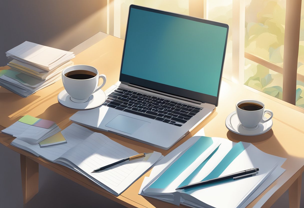 Bright light shines on a table with scattered papers and a laptop. A cup of coffee sits next to a notebook and pen