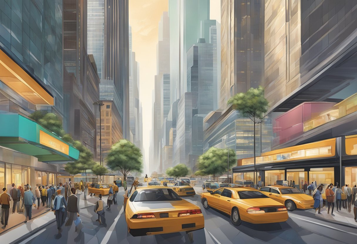 A bustling city street with towering skyscrapers, busy professionals, and a sense of urgency. The scene exudes financial energy and a fast-paced atmosphere