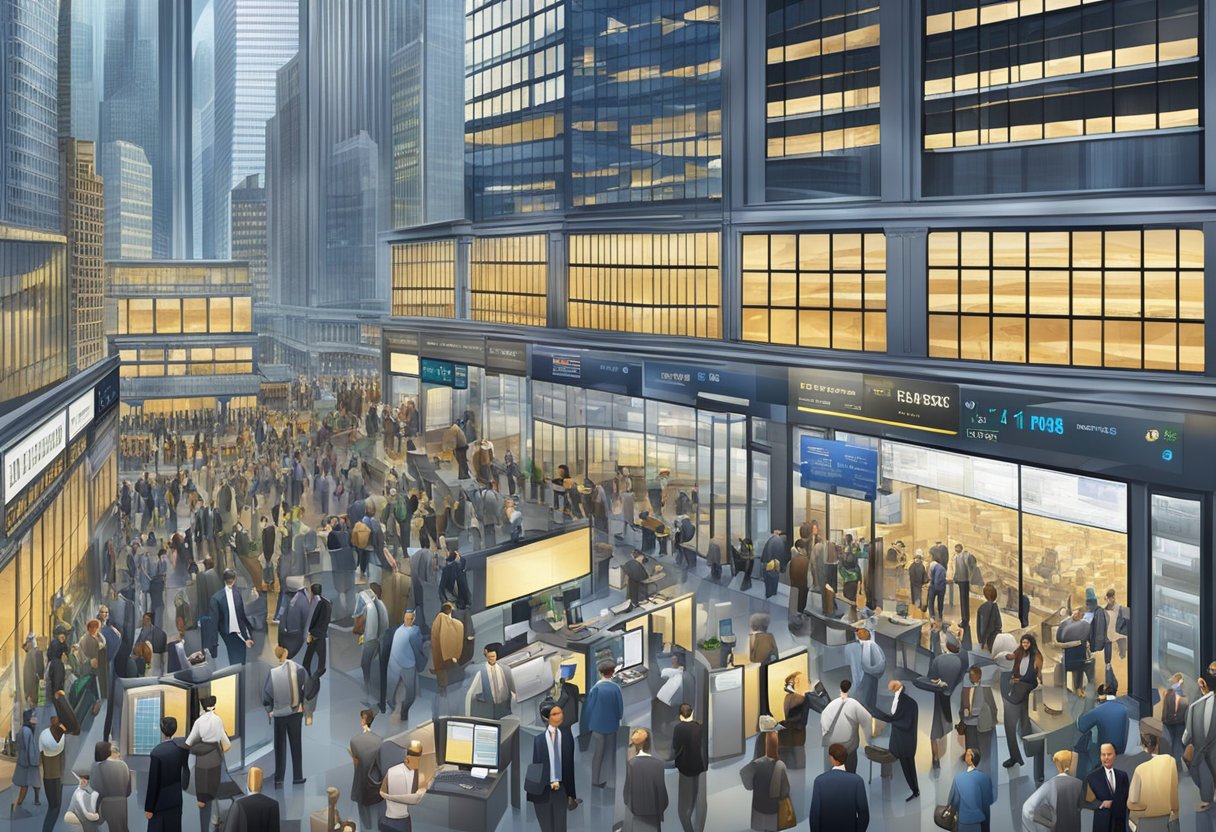 A bustling Wall Street scene with skyscrapers, stock tickers, and bustling traders in a modern, sleek office setting