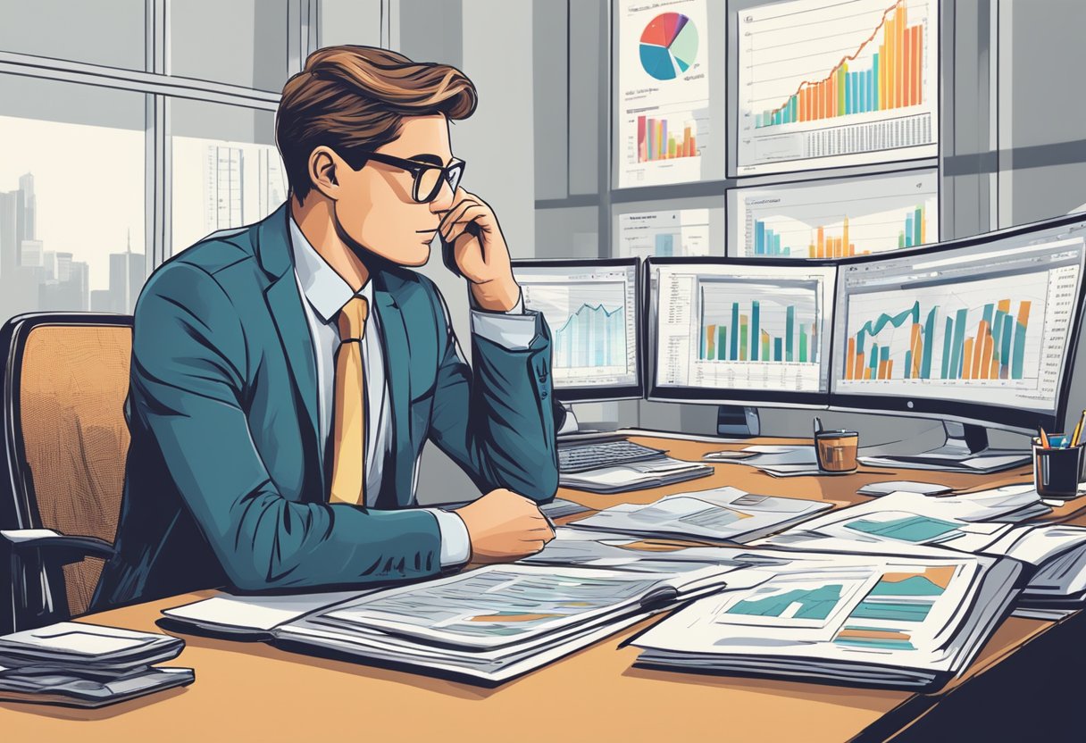 A person sitting at a desk, surrounded by financial charts and graphs, contemplating investment decisions while reading a review from Wallstreetzen
