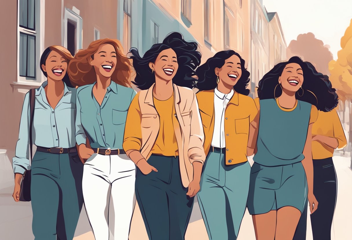 A group of women laughing and chatting while walking together, with confident body language and a sense of camaraderie