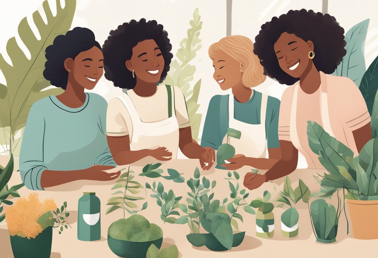 A group of women gather around a table, discussing and reviewing various eco-friendly products. They are smiling and engaged in lively conversation, with a backdrop of sustainable and natural elements